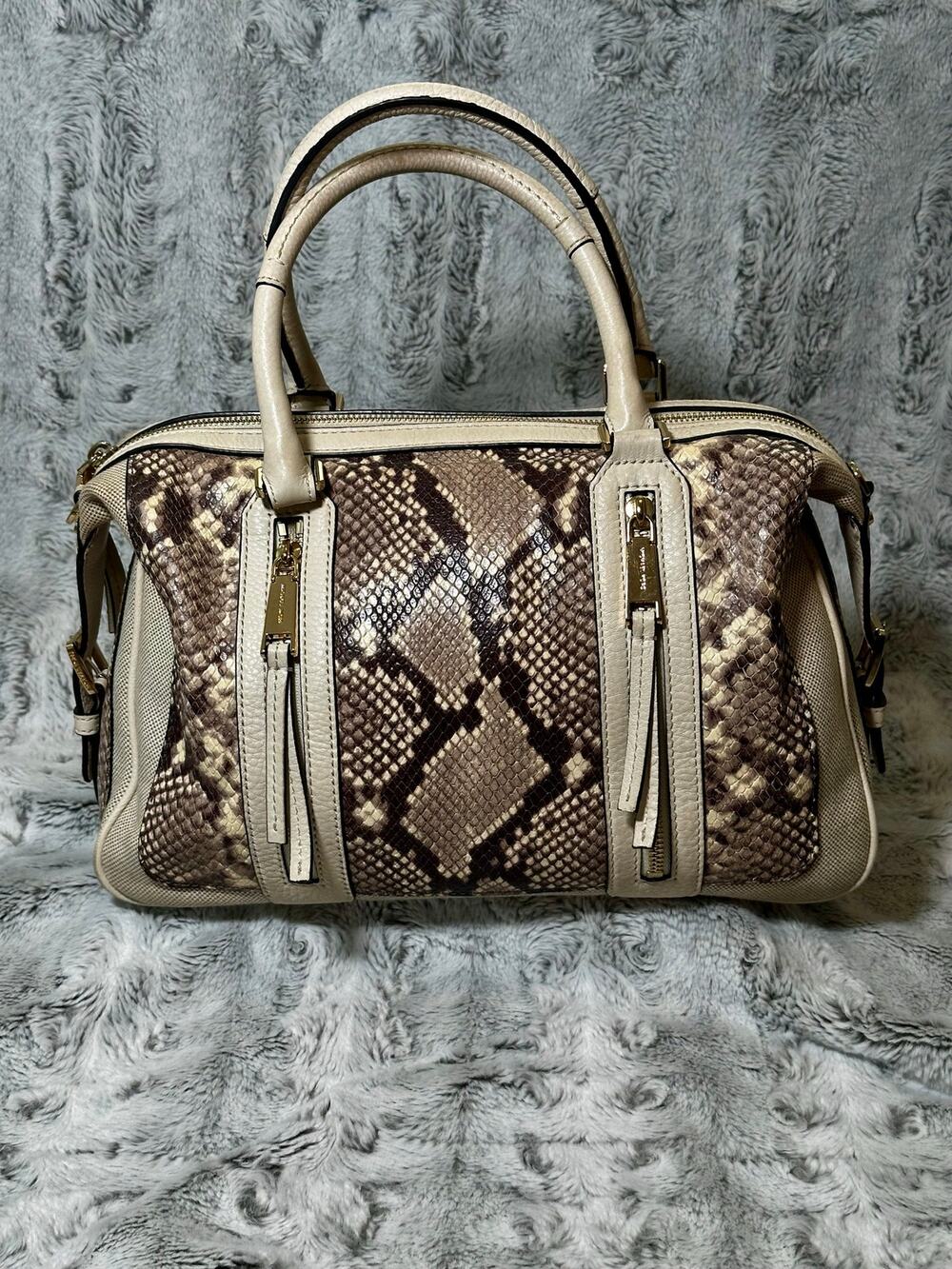 Michael Kors Large Julia Satchel Beige Python Embossed Leather Top Handle